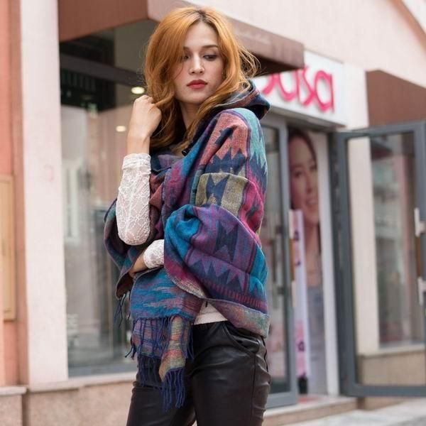 

новый дизайн женская зимняя bohemian с капюшоном пальто мыс пончо шали шарф имитация cashmeretribal fringe hoodie jacket подарки фонда wmtsm, Blue;gray