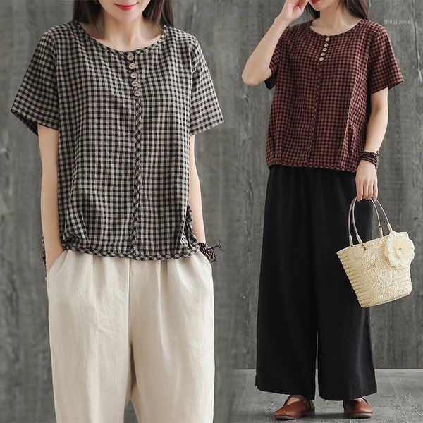 

2020 spring women'swomen blouse short-sleeved cotton and linen plus size plaid loose casual o-neck shirt1, White