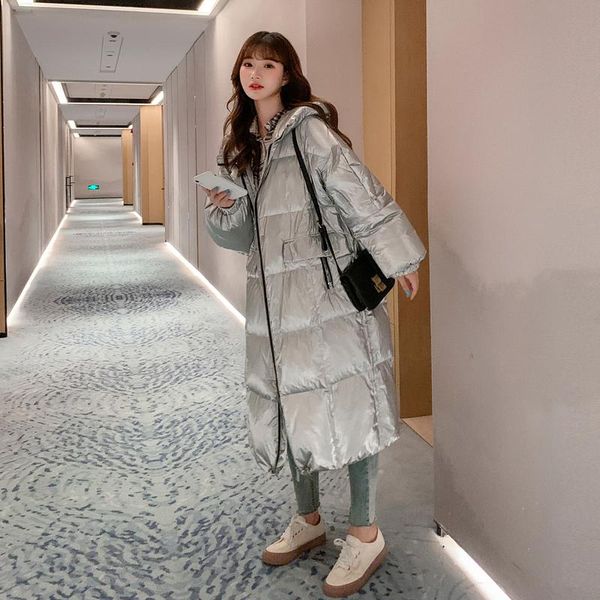 

2021 korean winter cotton jackets women's long parkas loose hooded warm winter coats female plus size silver overcoats, Black
