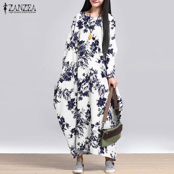 

zanzea 2020 vintage cotton linen maxi vestidos women's printed sundress autumn elegant long sleeve floral dress plus size robe, Black;gray