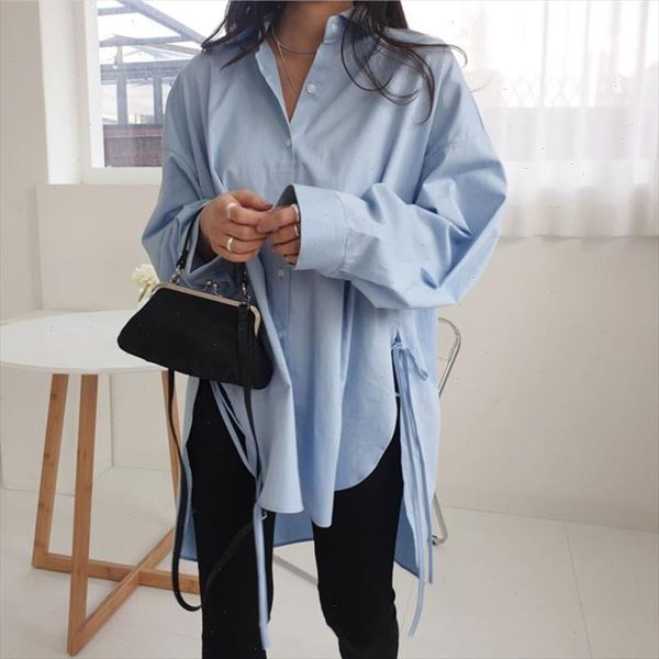 

[ewq] 2021 spring new sweet turn down collar long sleeve womens and blouses sweet side split plus size ladies shirt qx82200, White