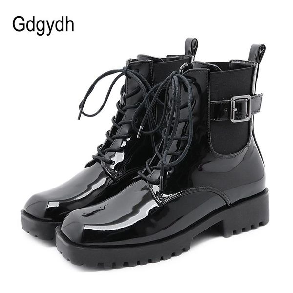 

boots gdgydh autumn winter women shoes square toe gothic punk ladies low heels ankle metal buckle lacing short, Black