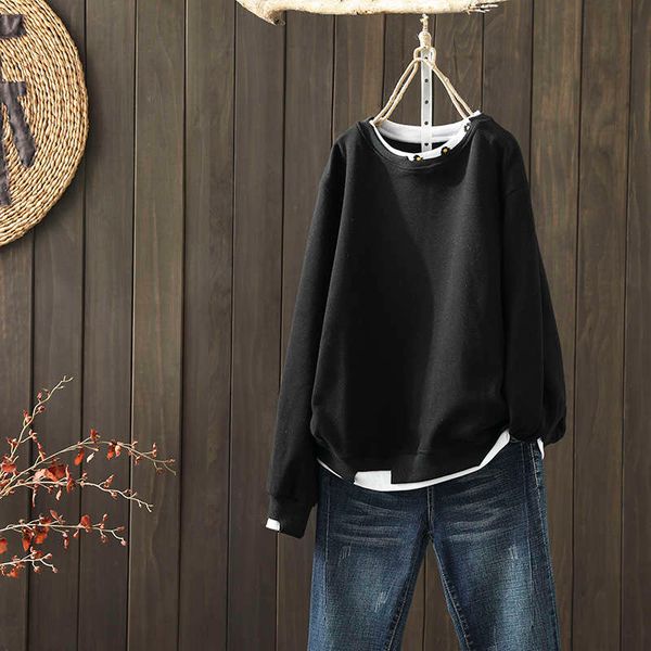 

fengmi 20 years of autumn winter new style literature and art simple plush pullover sweater women loose casual splicing fake two pieces, Black