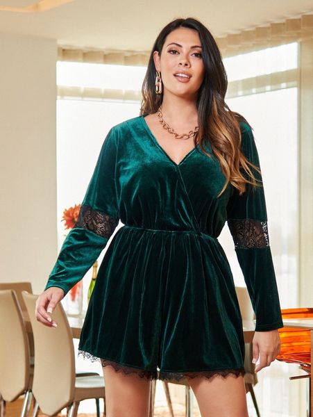 

plus contrast lace velvet romper c9pa#, Black