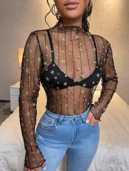 

lettuce trim gold galaxy print sheer mesh without bra 85lc#, White