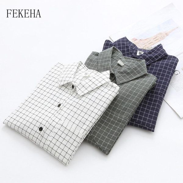 

fekeha women plaid shirts 2020 autumn long sleeve buttons pocket blouses office shirt lady cotton checked shirt casual 1, White
