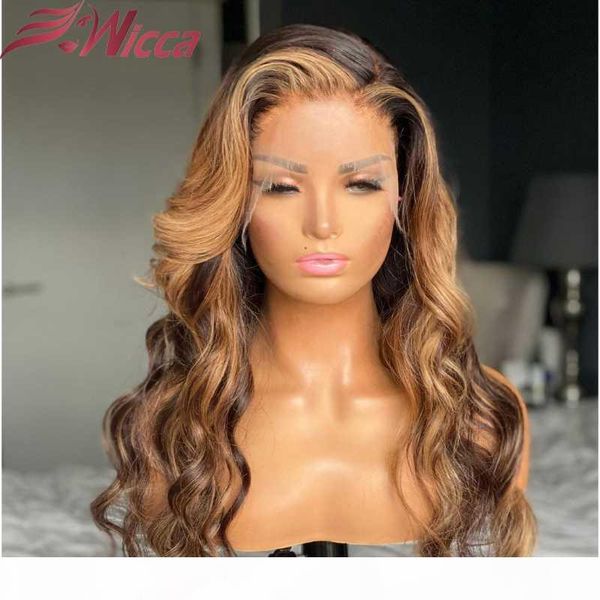 

wicca 180 density front human hair wig highlights color body wave pre plucked with baby hair bleached knots for black women, Black;brown