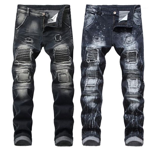 

plus size pant men street jeans holes hip hop trousers male casual elasticity pants 2020 party mid waist jeans1, Blue