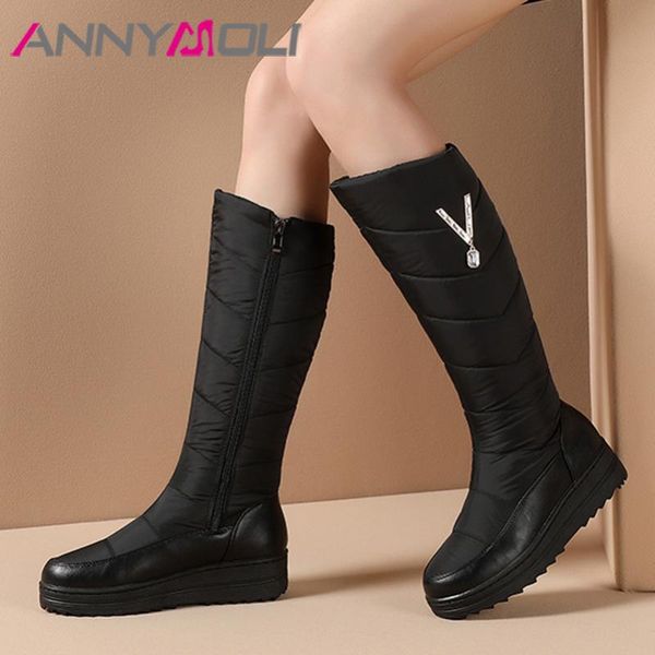 

annymoli flat platform knee high boots woman crystal snow boots round toe long zipper female shoes winter warm wine red 44, Black