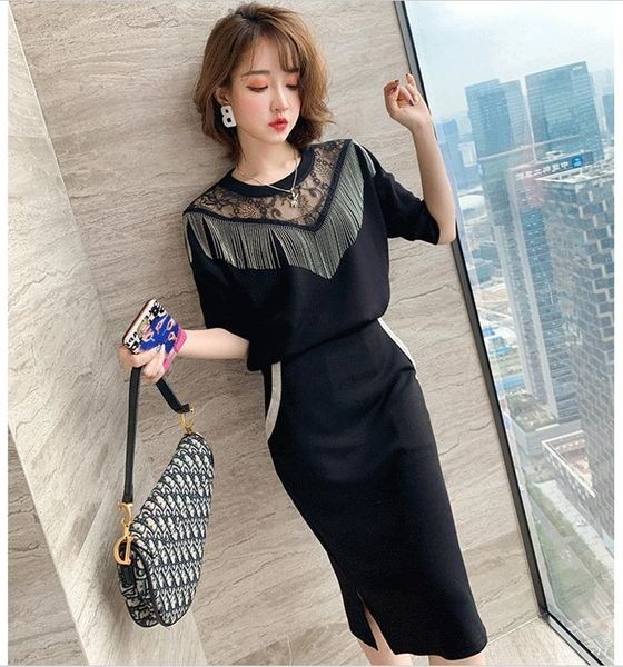 

xrnxe crochet stitching crochet hip laceslimming skirt set women's 2020 spring new stitching tassel lace hip tassel lacelace laceslim, Gray