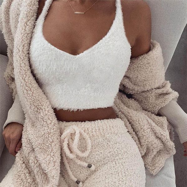 

faux fur camis women crop v neck casual strap tank sling vest fitness lady short camisoles streetwear, White
