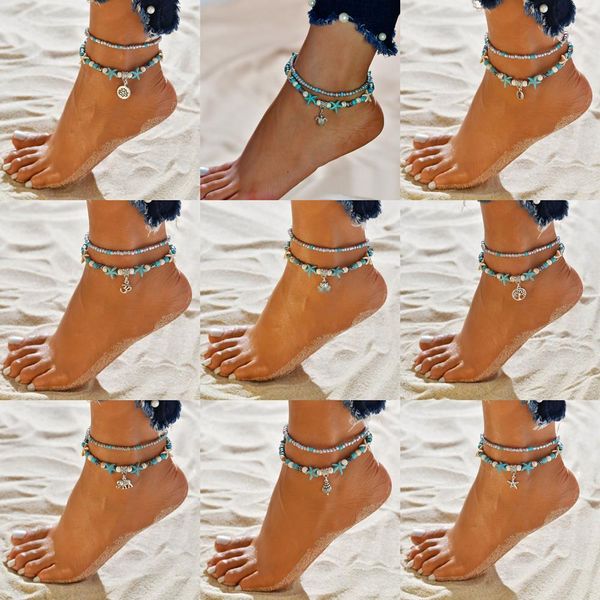 

double layer bohemian beaded anklets for women foot anklet vintage summer beach female charm barefoot sandal leg chain jewelry h jlljbx, Red;blue