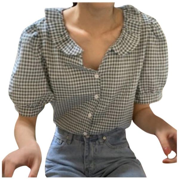 

women's blouses & shirts fashion women clothes button plaid blouse short sleeve vintage ruffles kawaii blusas ropa mujer, White