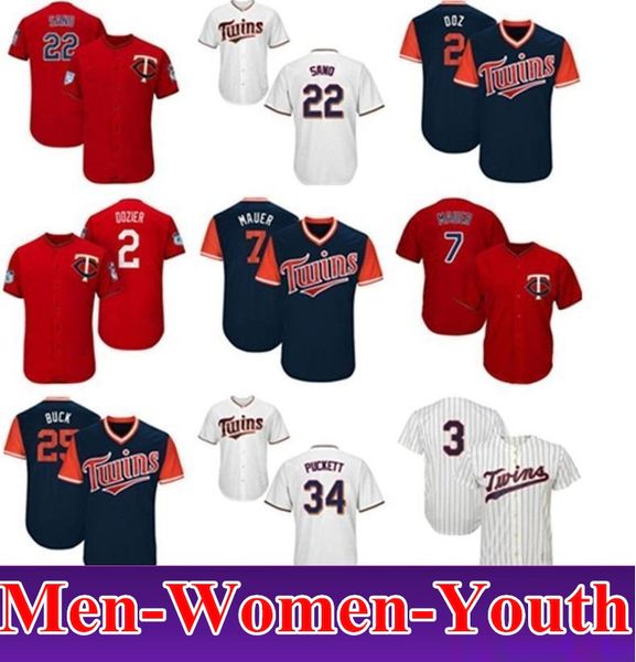 

2019 men women kids 22 miguel sano brian dozier 25 byron buxton 7 joe mauer 34 kirby puckett 17 jose berrios baseball jerseys, Blue;black