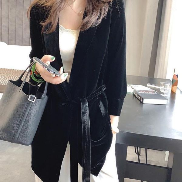 

peonfly new 2020 autumn women's velvet blazers jacket with sashes female notched outerwear office ladies coat loose black blazer1, White;black