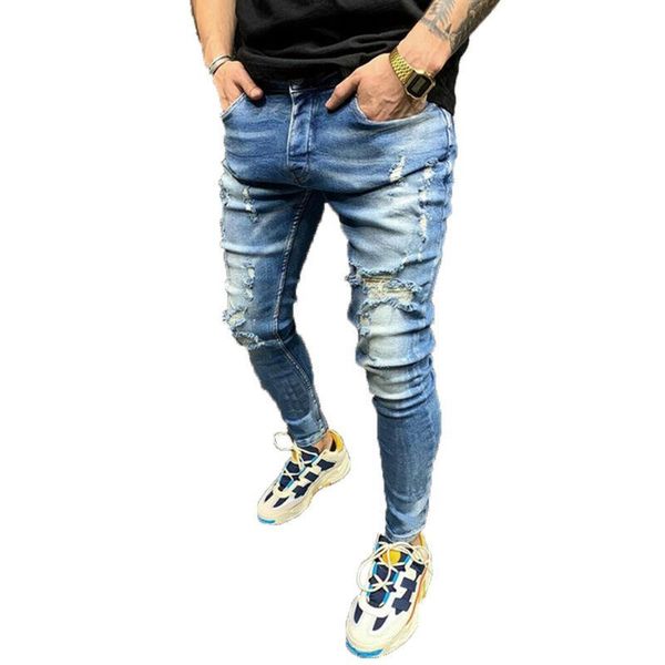 

men's jeans mens trendy casual slim fit skinny denim pants zip pockets hole spring winter trousers, Blue