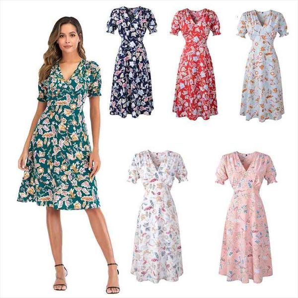 

casual elastic waist boho beach dress women summer dress floral print vintage chiffon midi vestido de festa, Black;gray