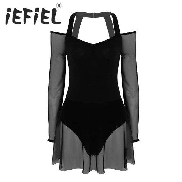 

female girls women off the shoulder long sleeve halter neck leotard bodysuit ballet dance stage performance exercise dress, Black;red
