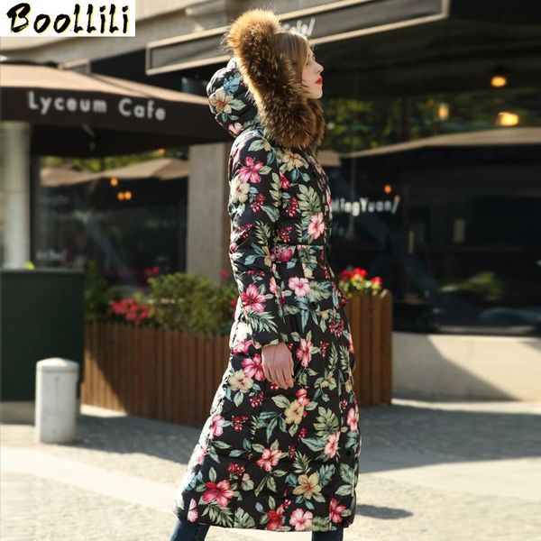 

women's down & parkas boollili jacket long winter coat women big raccoon fur collar floral korean thick jackets 2021 woman coats, Black