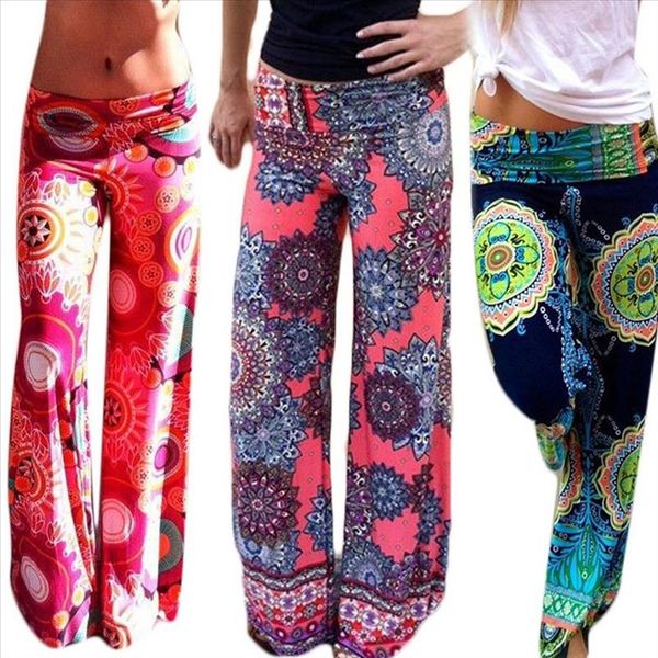 

womens summer floral pants casual high waist flare wide leg long trousers boho slim printed elastic waist beach trousers, Black;white
