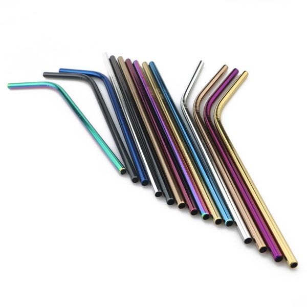 

4pcs 6*215mm 304 stainless steel straw bent and straight reusable colorful straw drinking straws metal straw cleaner brush bar drinking tool