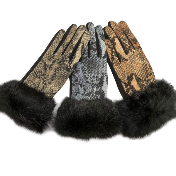 Moda kış sahte hayvan deri yılan desen eldivenleri kadın dokunmatik ekran eldiven tavşan kürk kalın sıcak sürüş eldivenleri