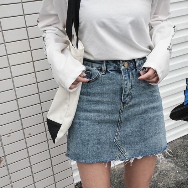 

2021 new spring summer blend of solid color and combine female with high waist burr thin jeans the line skirt 6rmc, Black