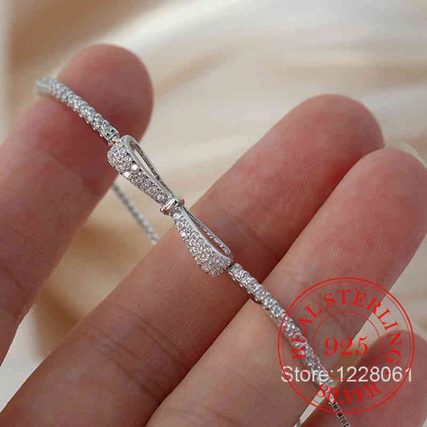 

real 925 sterling silver bowknot bracelet for women shiny zircon tennis hard homme wedding party jewelry gifts, Golden;silver