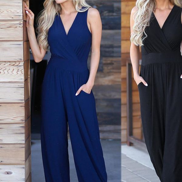 

office overalls for women backless rompers casual v neck solid long elastic waist female jumpsuit combinaison femme j4s, Black;white