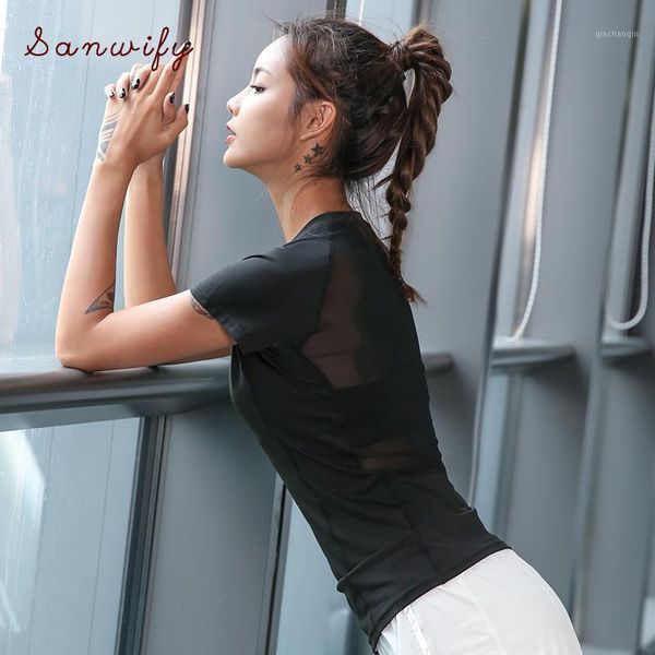 

mesh patchwork women running t-shirts,quick dry short sleeve fitness yoga breathable workout gym running tee shirts1, Black;blue