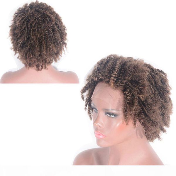 

100% human hair lace front wigs 4# medium brown brazilian virgin hair wigs kinky curly for black women, Black;brown