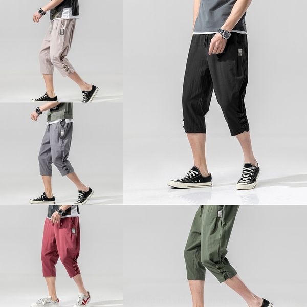 

2019 летних брюки случайный pantscotton белье chinos новых китайский стиля хлопок конопля кнопка мужских капри большой мода случайных штаны, Blue