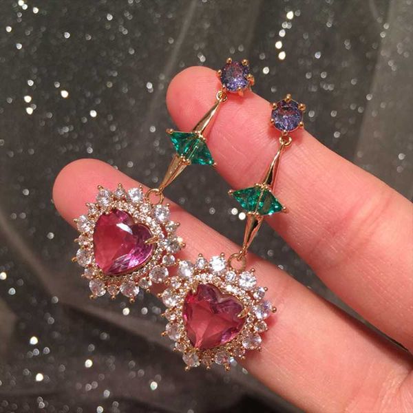 

pink love exaggerated green leaves transparent super flash zircon temperament elegant sweet women purple long ear jewelry, Silver