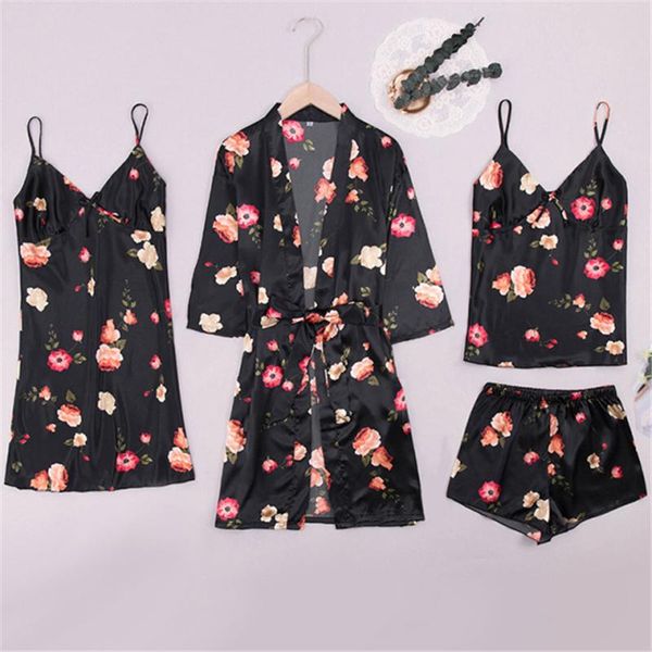

ladies silk pajamas four-piece v-neck suspender shorts printed casual home wear thin pajamas sp0029, Black;red