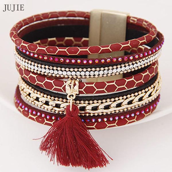 

charm bracelets jujie tassl leather 2021 magnet buckle claps metal cuff bangles for women boho multilayer, Golden;silver
