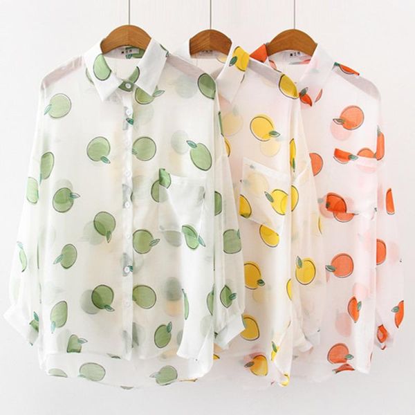 

women's blouses & shirts 2021 summer long sleeve lemon printed sweet loose shirt women cotton casual office white blusas
