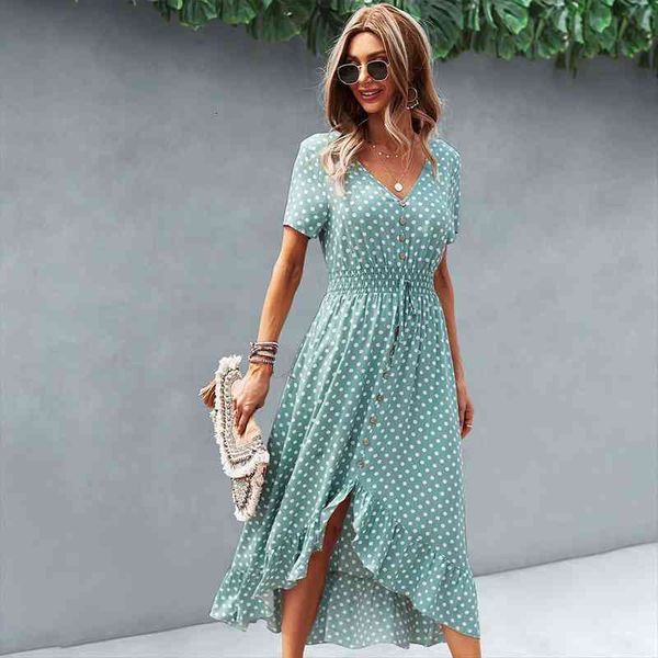 

boho short sleeve polka dot summer dress fashion elegant long dresses women casual single-breasted beach party robe vintage, Black;gray