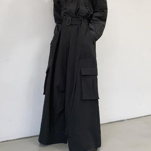 

men japan loose casual wide leg cargo pants male street wear hip hop punk gothic harem belt trousers kimono straight skirt pants1, Black
