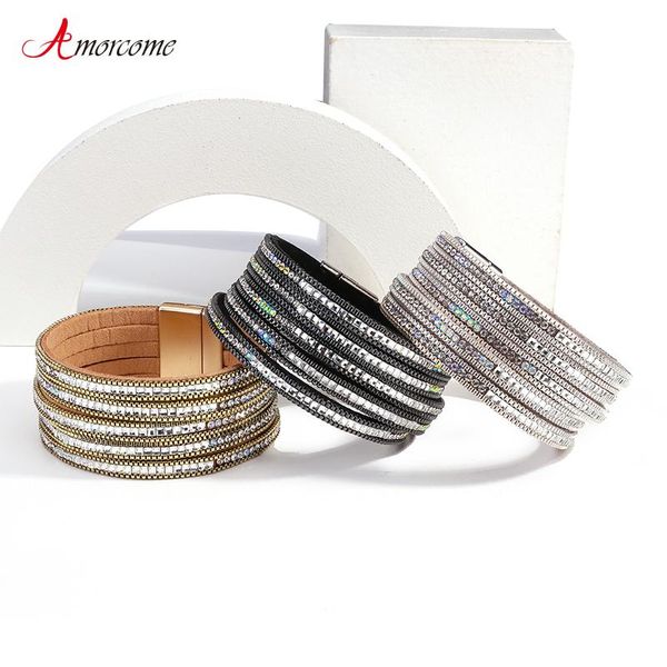 

charm bracelets amorcome 2021 trendy rhinestone leather for women multilayer wrap crystal bangles bracelet fashion female party gift, Golden;silver
