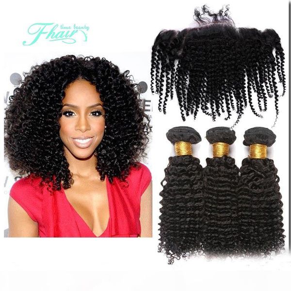 

grade 8a peruvian kinky curly 3 bundles with lace frontal closure tangle ear to ear 10-30" inch bundles with bady hair, Black