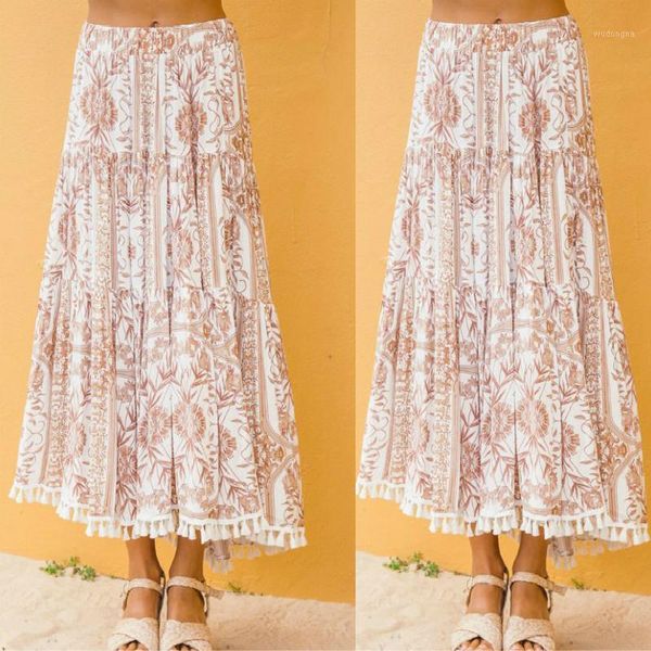 

vintage boho floral print long women skirt high waist a line tassel summer casual ruffle beach female skirt1, Black