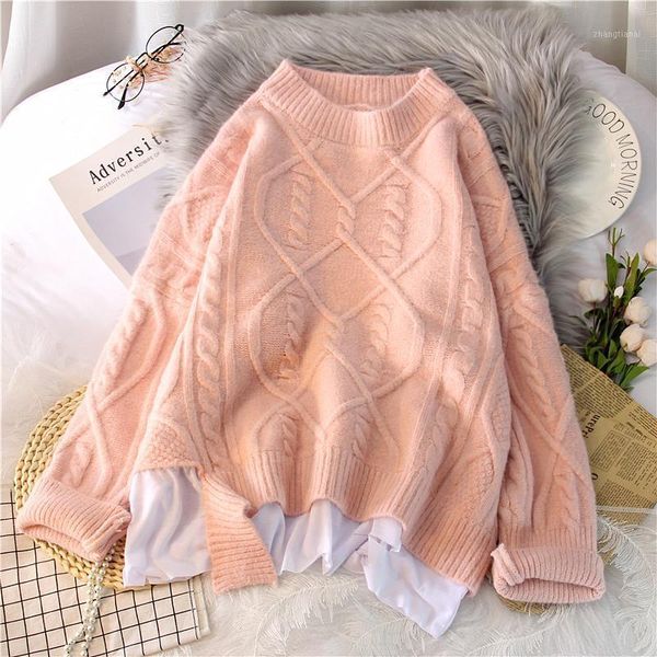 

women pullover 5 color sweaters casual soft solid color 2021 autumn new loose fake two-piece female hollow out sweaters y691, White;black