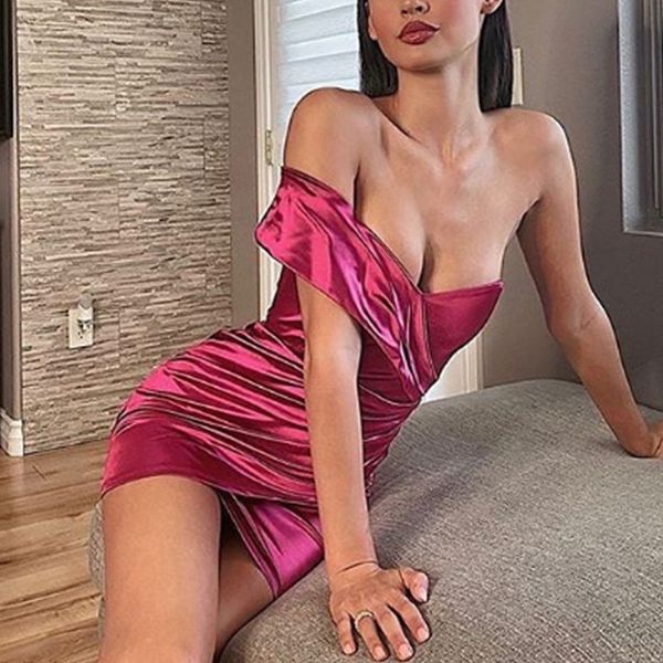 

jillperi women one shoulder strapless party dress solid stretch sheath elegant celebrity outfit club wear satin dress y0118, Black;gray