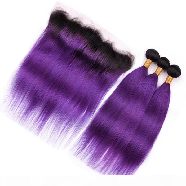 

ombre purple straight human hair lace frontal closure 13x4 with bundles #1b purple ombre brazilian hair 3bundles with frontal 4pcs lot, Black;brown