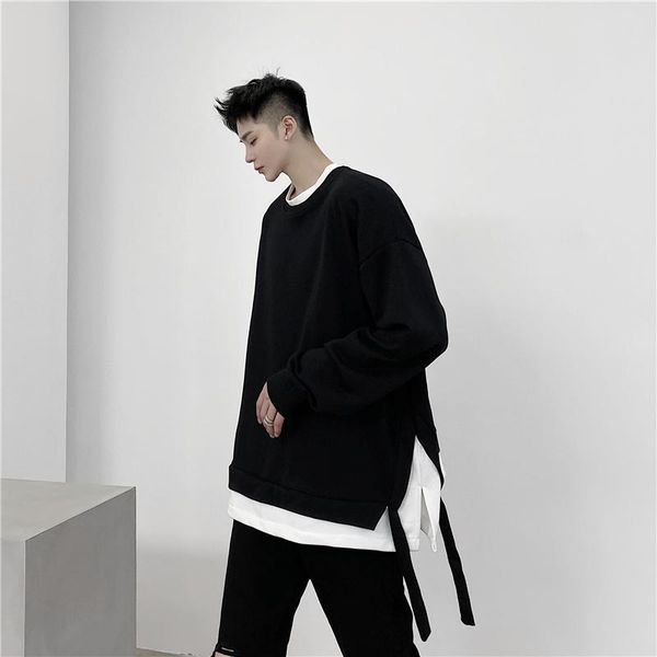

men's hoodies & sweatshirts mixcubic 2021 autumn korean style unique fake two mixed colors sweatshirt men casual loose hem streamer for, Black