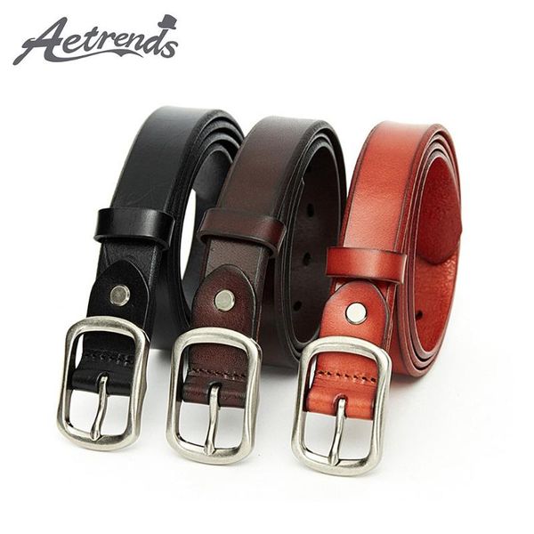 

[aetrends] women's skinny genuine cowskin leather belt 3 solid colors pin buckle simple waist belts for girls ladies d-0166, Black;brown