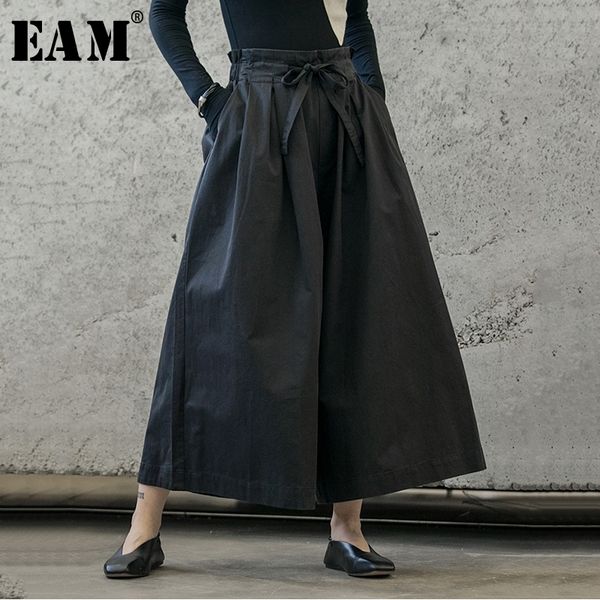 

[eam] high elastic waist black bow bandage trousers new loose fit wide leg pants women fashion tide spring autumn 1b208 201228, Black;white