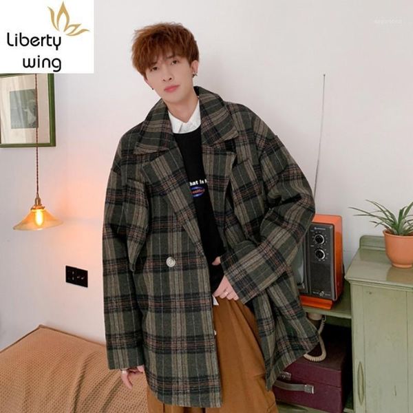 

new fashion mens loose fit blends jacket plaid double breasted casual suit coat autumn preppy style woolen outwear coats1, Black
