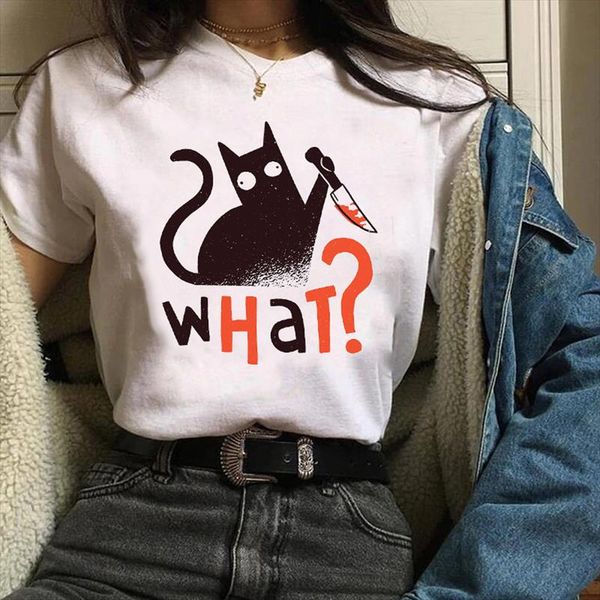 

women clothes lady graphic cat funny fashion 90s print 90s cartoon autumn fall halloween tees female t shirt womens t shirt, White