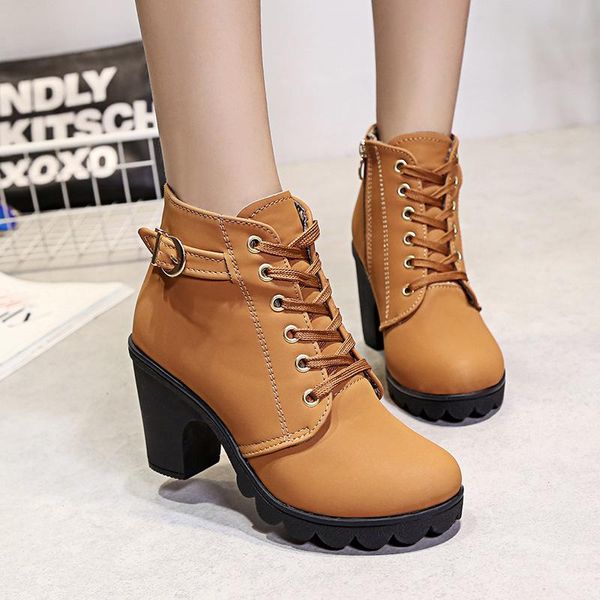 

women heels motorcycle boots leather winter martin boot 2020 lady ankle shoes high heel platforms shoes woman winter, Black